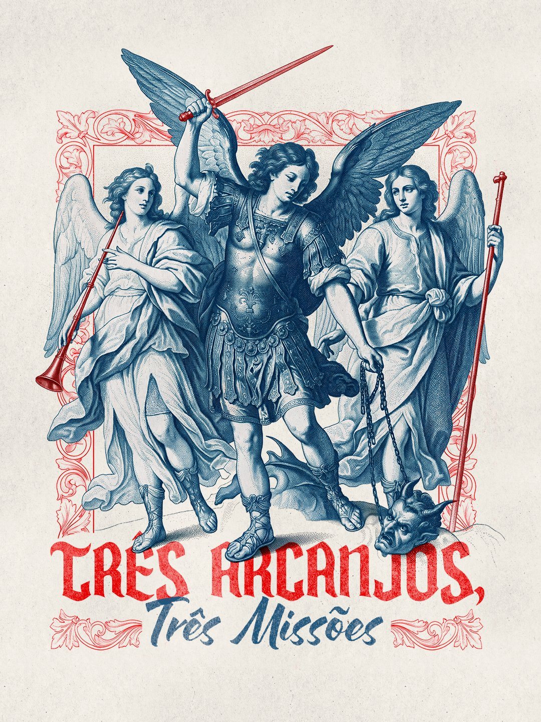 Gravura litográfica dos Três Santos Arcanjos: Gabriel, Miguel e Rafael com a espada, a trombeta e o cajado com o peixe